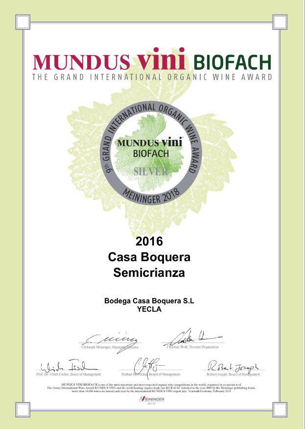 Diploma acreditativo de medalla de plata en Biofach de Mundus Vin
