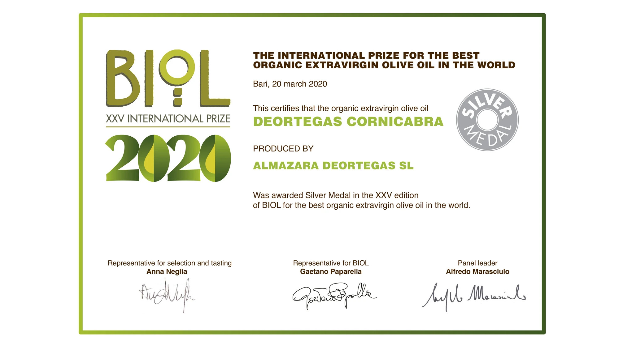 Almazara Deortega obtiene Medalla de Plata en el concurso BIOL 2020 Italia