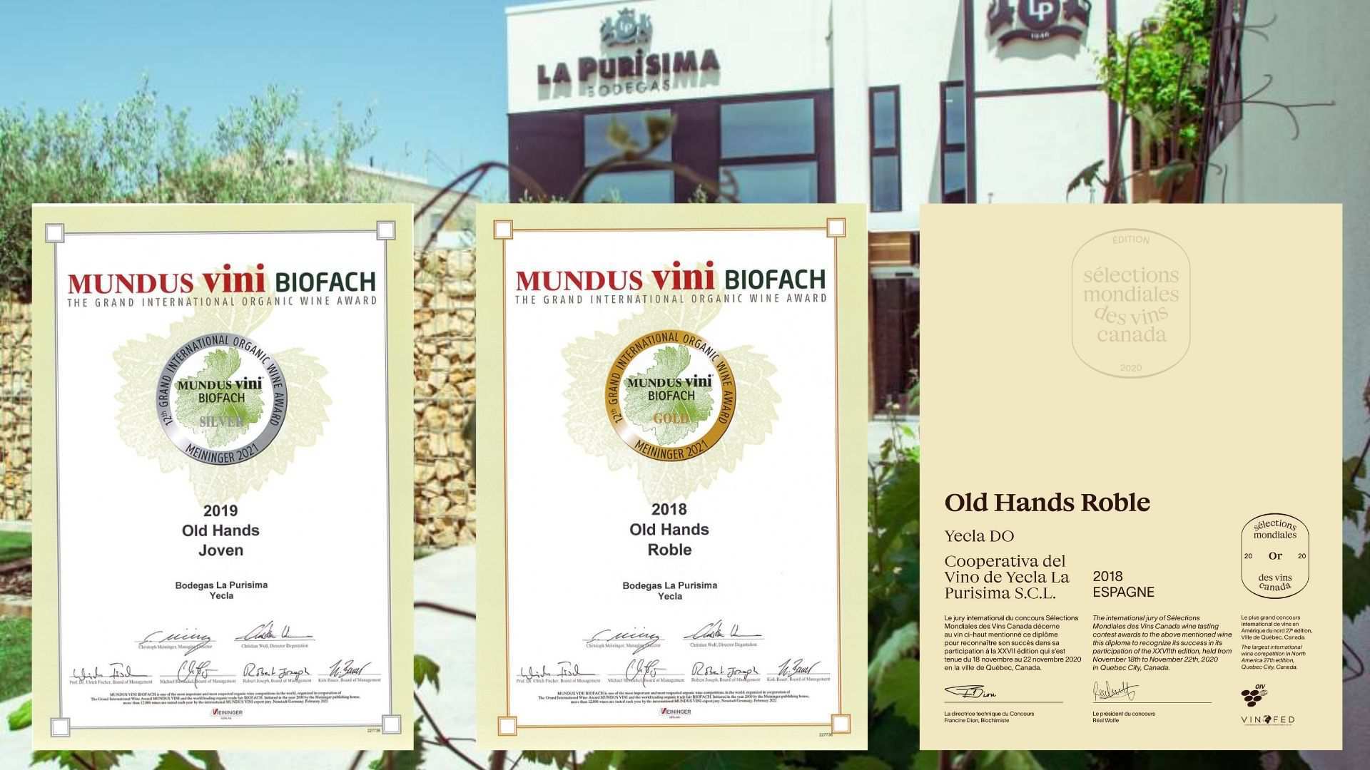 Old Hands Roble de Bodegas la Purísima premiado en Mundus Vini Biofach 2021 y del Mondiales des Vinds  Canáda