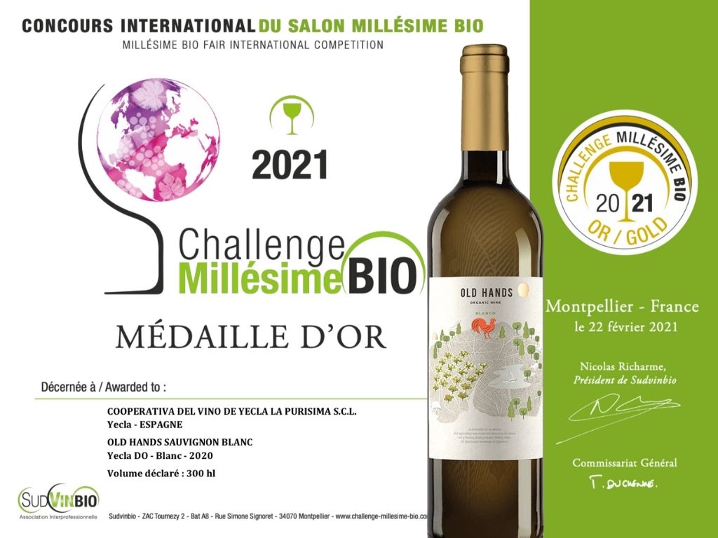 Old Hands Sauvignon Blanc 2020 de Bodegas la Purísima, Oro en Millesime Bio 2021